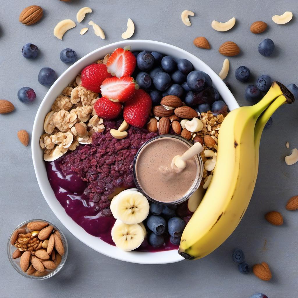 Items needed to answer the question, How do I choose the perfect Acai Bowl toppings. Items include:  Frozen Acai berries  Ripe banana  Liquid (almond milk, coconut water, etc.)  Granola  Nuts (almonds, walnuts, cashews, etc.)  Fresh fruits (strawberries, bananas, blueberries, etc.)  Honey or nut butter  Coconut flakes