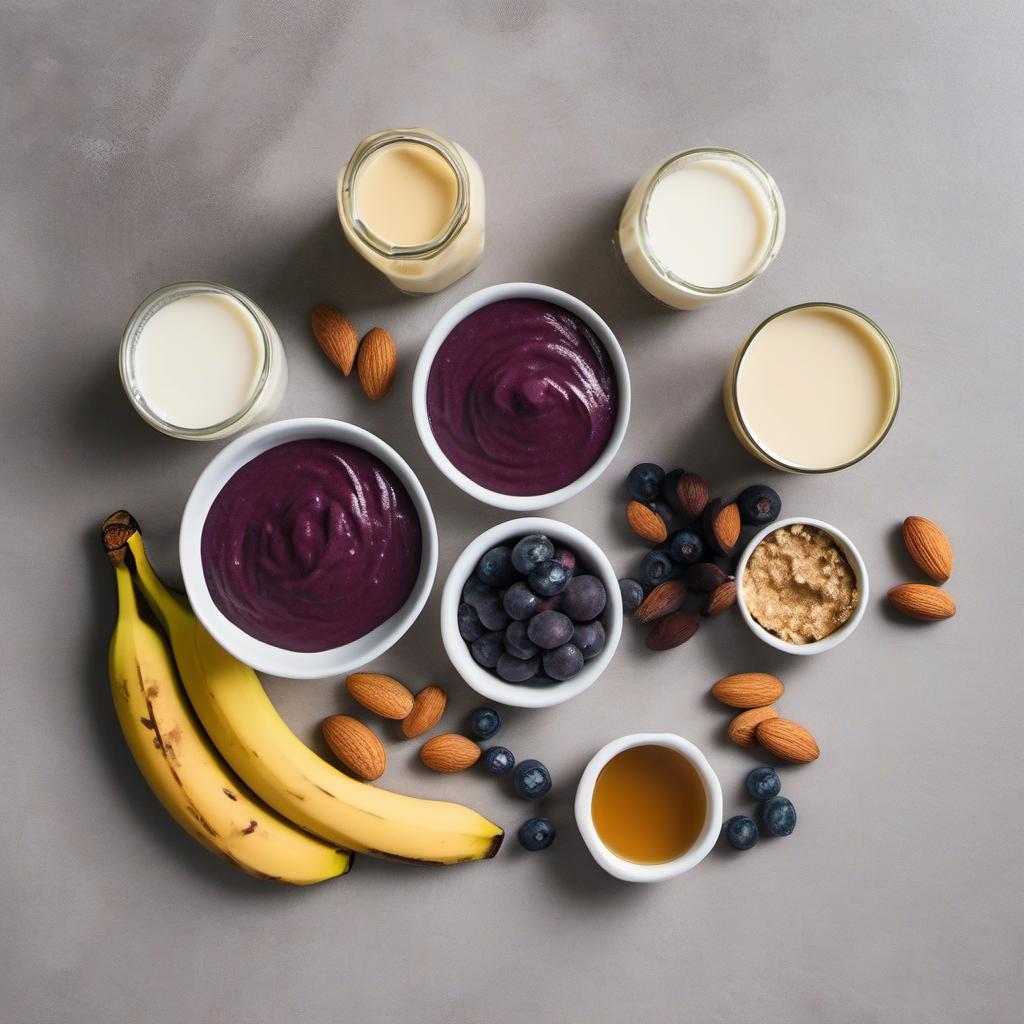 Items needed to answer the question, How do I make a creamy Acai Bowl. Items include:  frozen Acai packets  ripe banana  almond milk  nut butter  honey