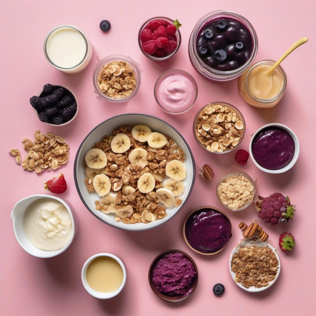 Items needed to answer the question, How do I make an Acai Bowl for busy mornings. Items include:  Frozen banana  Frozen acai puree  Milk  Honey (or sweetener of your choice)  Assorted toppings (e.g., granola, coconut flakes, berries, nuts)