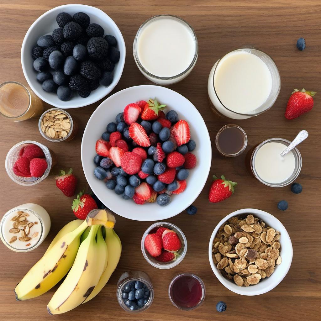 Items needed to answer the question, How do I make an Instagram-worthy Acai Bowl. Items include:  Frozen bananas  Frozen berries  Frozen Acai  Almond milk  Maple syrup  Fresh strawberries  Banana  Kiwi  Blueberries  Granola