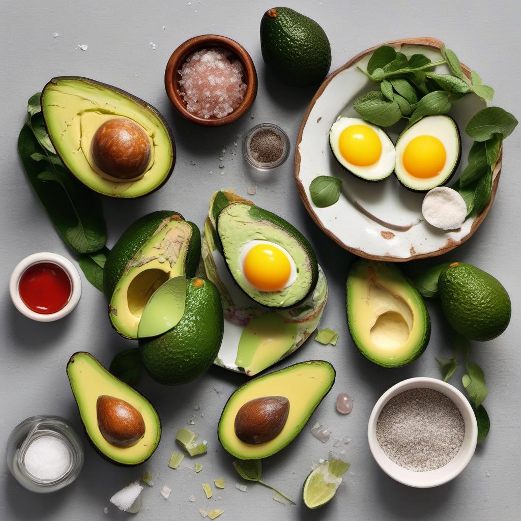 Items needed to answer the question, How do I make a kid-friendly Eggs in Avocado Boat. Items include:  ripe avocados  eggs  salt  pepper  assorted toppings