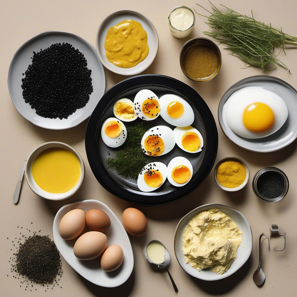 Items needed to answer the question, How do I make Caviar-topped Deviled Eggs bite-sized. Items include:  eggs  mayonnaise  Dijon mustard  salt  black pepper  caviar  garnish