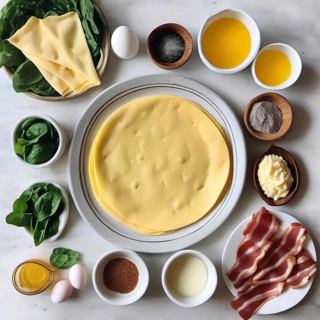 Items needed to answer the question, How do I make Egg-filled Crepes with a twist. Items include:  crepe batter  eggs  bacon or vegetarian alternative  cheese  spinach or other greens  salt  pepper  butter