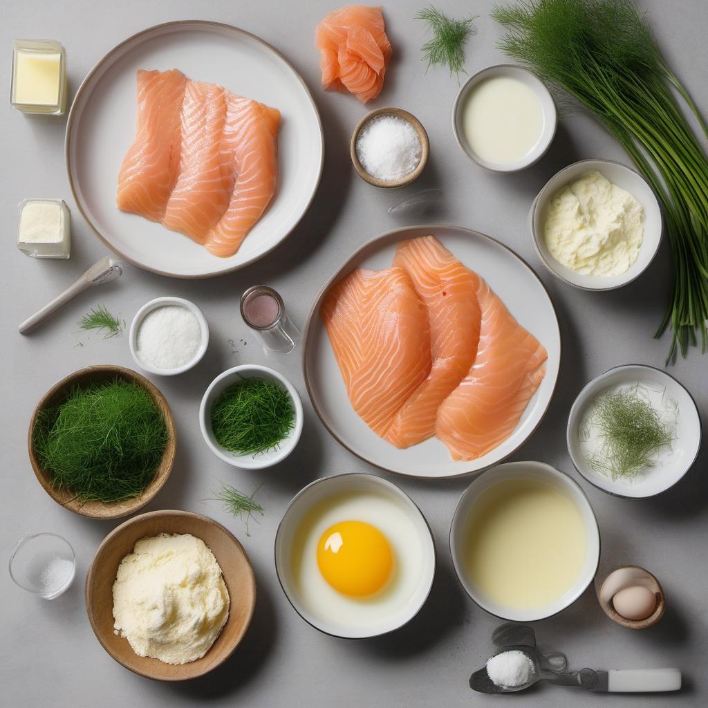 Items needed to answer the question, How do I make Egg-filled Crepes with smoked salmon. Items include:  all-purpose flour  eggs  milk  salt  butter  smoked salmon  chopped chives or dill