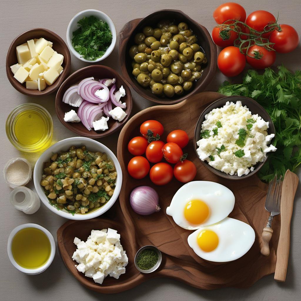 Items needed to answer the question, How do I make Shakshuka with Feta. Items include:  Olive Oil  Onions  Garlic  Canned Tomatoes  Salt  Pepper  Sugar  Feta Cheese  Eggs  Parsley or Cilantro  Crusty Bread or Pita