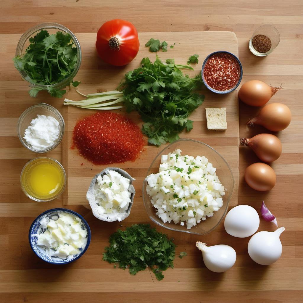 Items needed to answer the question, How do I add a twist to classic Shakshuka. Items include:  Onions  Feta Cheese  Spices  Diced Tomatoes  Eggs  Fresh Herbs  Crusty Bread or Warm Pita