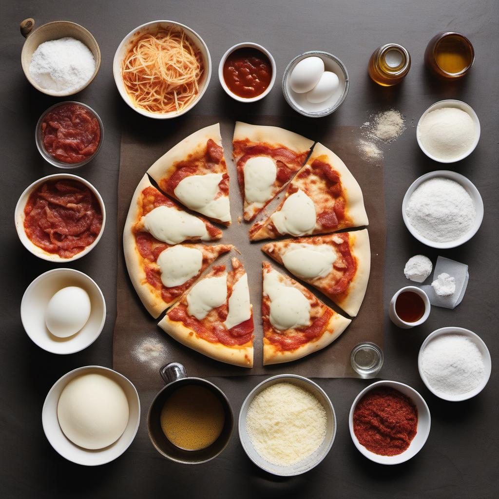Items needed to answer the question, How do I cook a breakfast egg-topped pizza. Items include:  pizza dough  flour  yeast  water  oil  salt  sugar  bacon  pizza sauce  shredded cheese  eggs