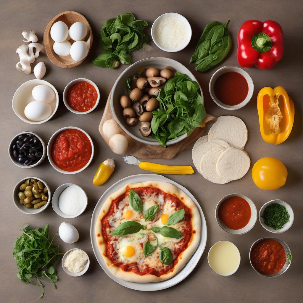 Items needed to answer the question, How do I create a vegetarian egg-topped pizza. Items include:  Pizza Dough  Marinara or Pizza Sauce  Veggies (bell peppers, mushrooms, olives, spinach, etc.)  Fresh Egg