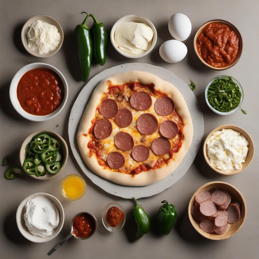 Items needed to answer the question, How do I make a spicy egg-topped pizza. Items include:  Pizza Dough  Spicy Pizza Sauce  Spicy Sausage  Jalapenos  Egg