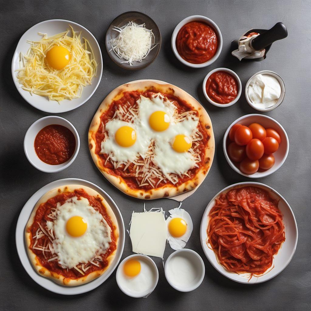 Items needed to answer the question, How do I make a kid-friendly egg-topped pizza. Items include:  Pizza base  Tomato sauce  Shredded mozzarella cheese  Toppings of your choice  Eggs