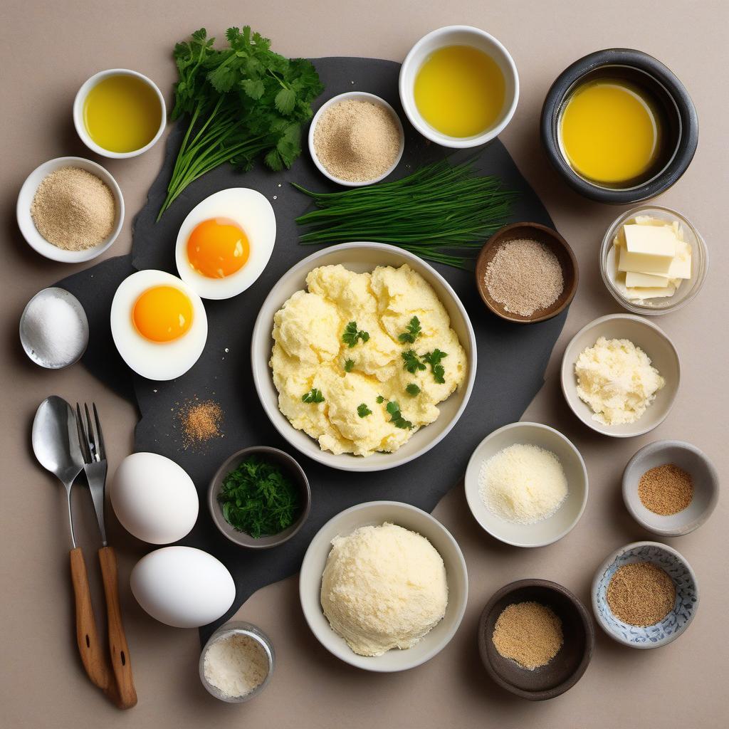 Items needed to answer the question, How do I create vegetarian scotch eggs. Items include:  Eggs  Mashed tofu  Breadcrumbs  Chopped herbs (such as parsley or chives)  Grated cheese (vegan or vegetarian)  Salt and pepper  All-purpose flour  Vegetable oil