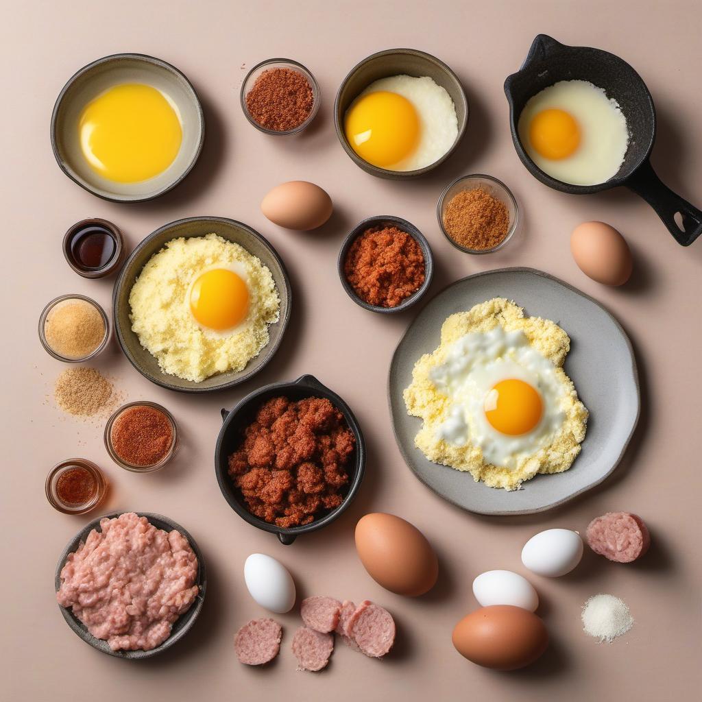 Items needed to answer the question, How do I make scotch eggs with a gooey center. Items include:  Eggs  Ground sausage meat  Flour  Breadcrumbs