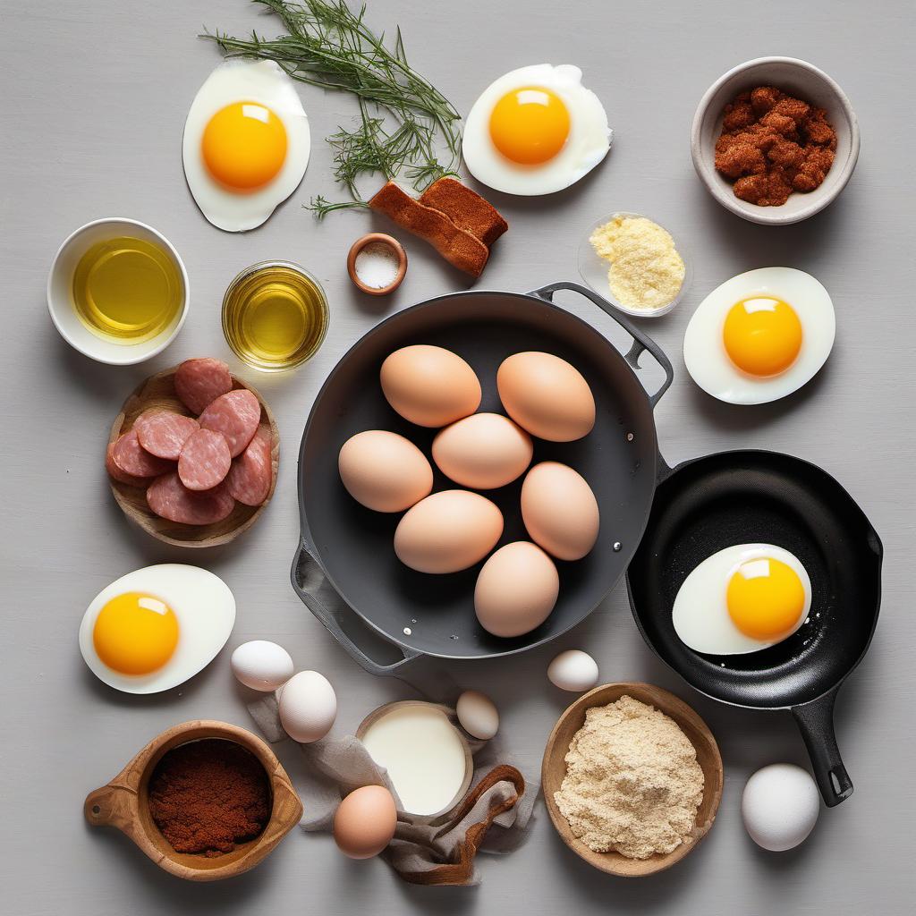 Items needed to answer the question, How do I make scotch eggs with a pub-style touch. Items include:  Eggs  Sausage meat  Flour  Breadcrumbs  Vegetable oil