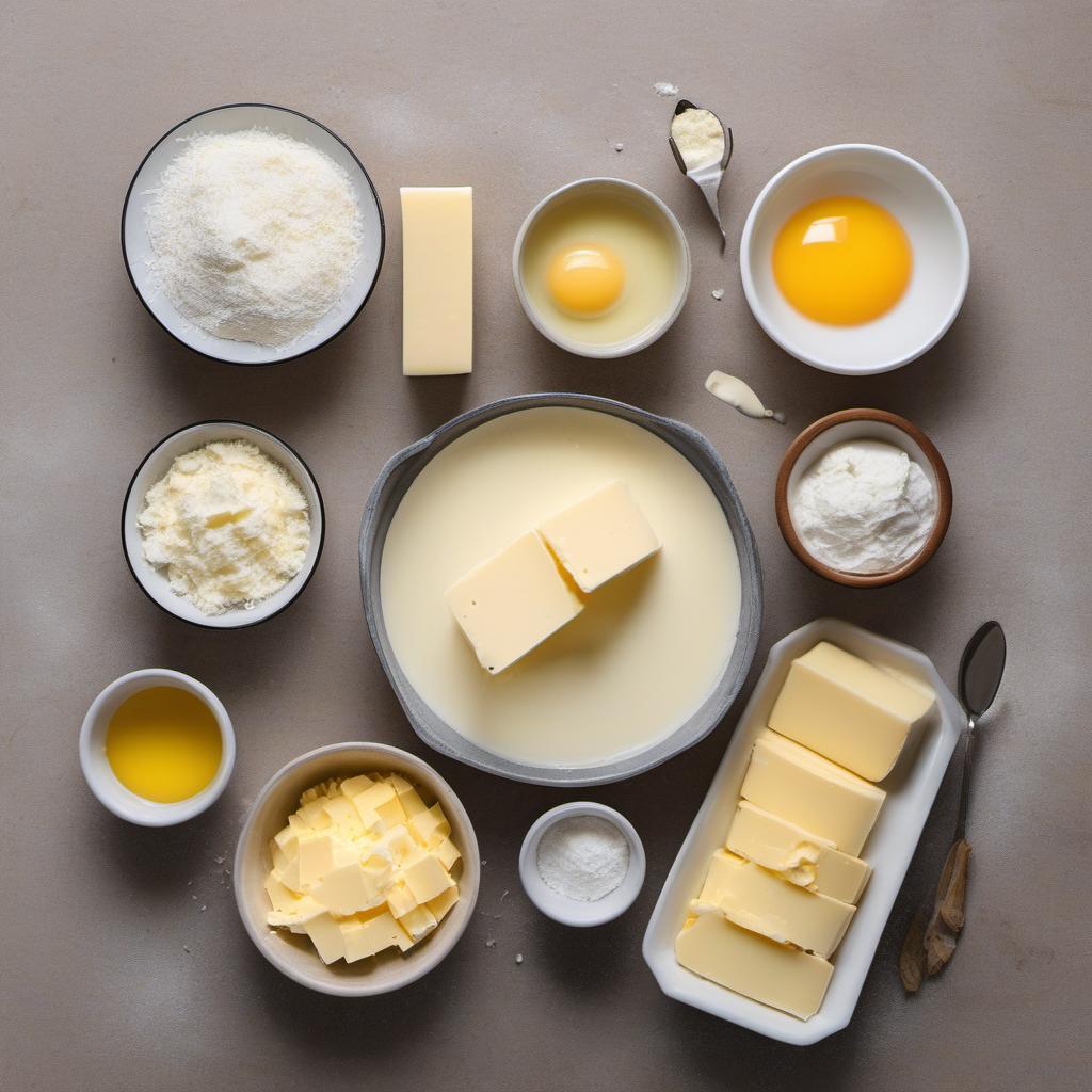 Items needed to answer the question, How do I bake a show-stopping Egg Soufflé. Items include:  Butter  Flour  Eggs  Grated Cheese