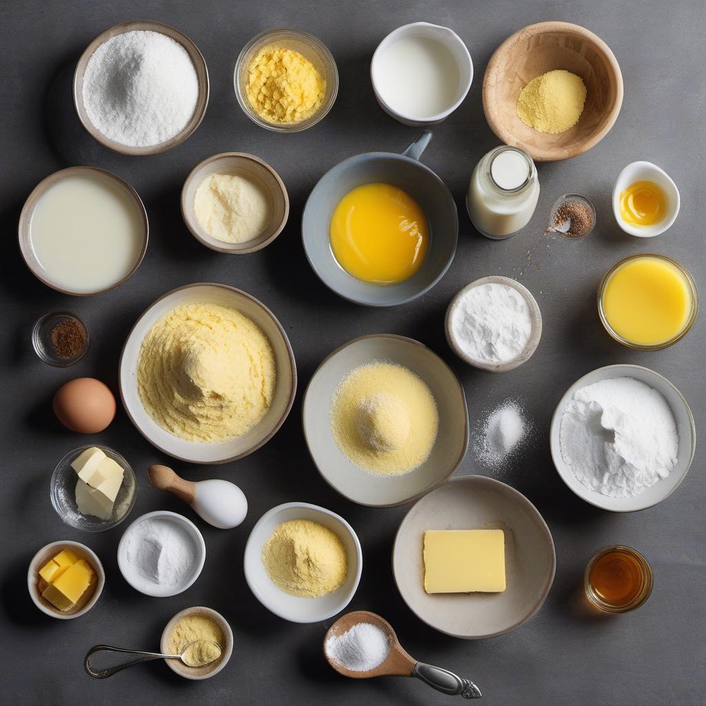 Items needed to answer the question, How do I bake crunchy cornmeal sporks. Items include:  Cornmeal  All-purpose flour  Sugar  Baking powder  Salt  Milk  Butter (melted)  Egg (beaten)