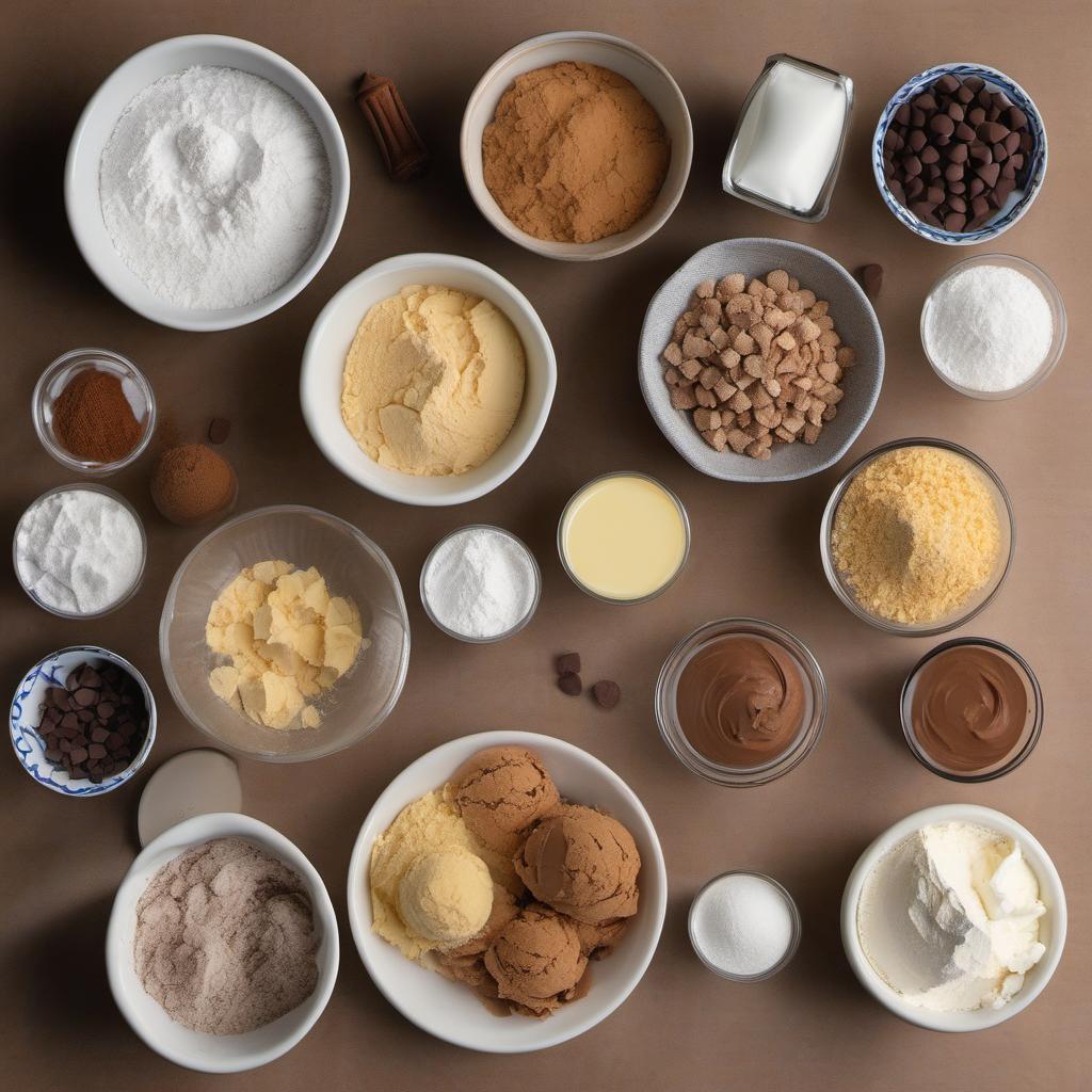 Items needed to answer the question, How do I create chocolate chip cup cones. Items include:  All-purpose flour  Unsalted butter  Granulated sugar  Brown sugar  Vanilla extract  Baking soda  Salt  Chocolate chips  Ice cream cones