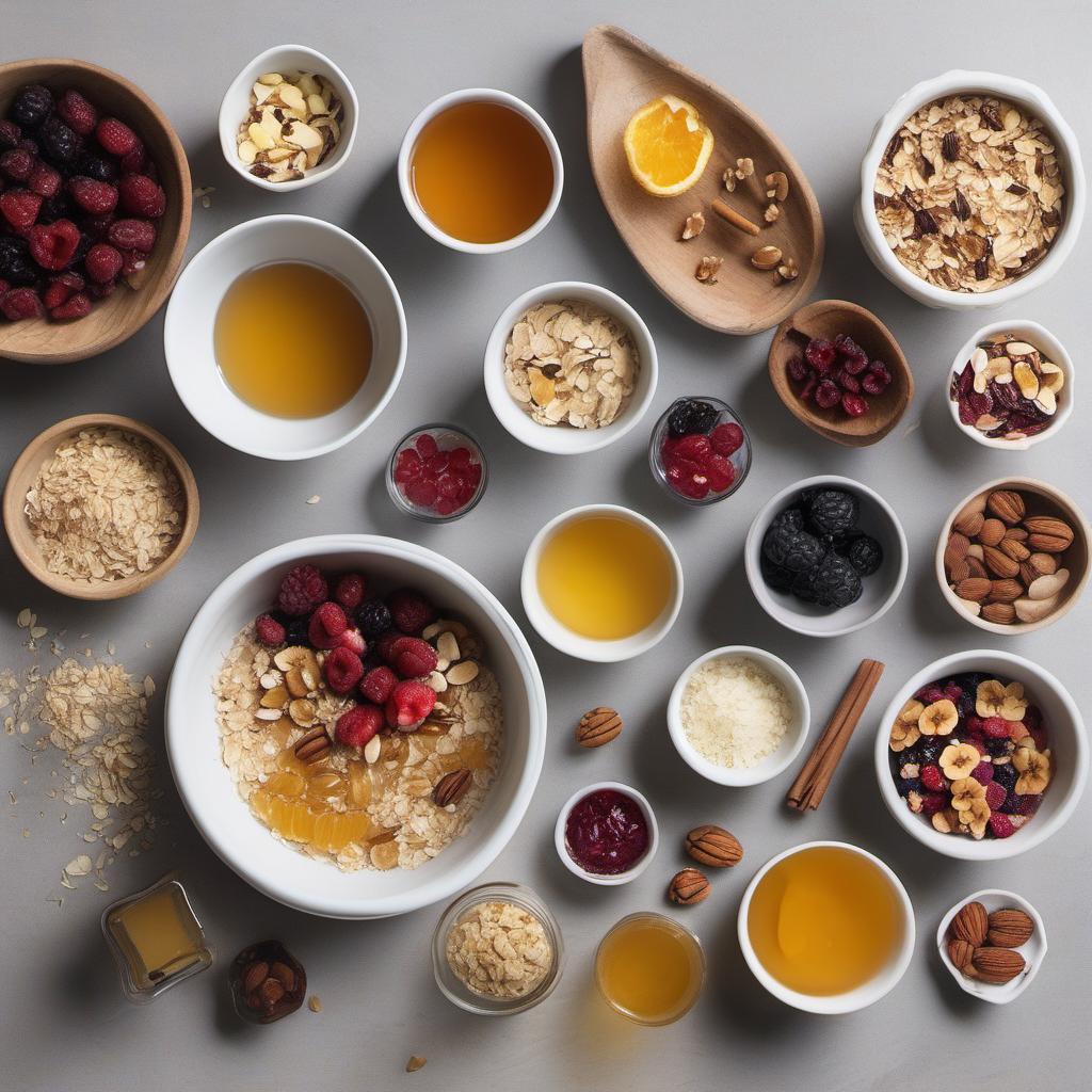 Items needed to answer the question, How do I make chewy granola bars on a reusable silicone baking sheet. Items include:  Honey  Unsalted Butter  Vanilla Extract  Old-fashioned Rolled Oats  Chopped Nuts  Dried Fruit  Shredded Coconut