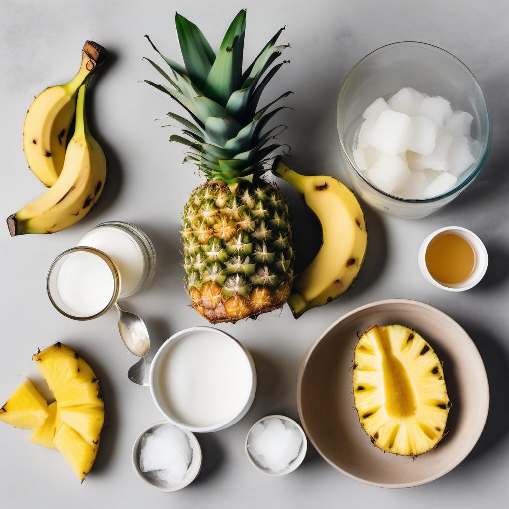 Items needed to answer the question, How do I make a refreshing Bamboo Straw Smoothie. Items include:  Bananas  Pineapple Chunks  Coconut Milk  Honey  Ice Cubes