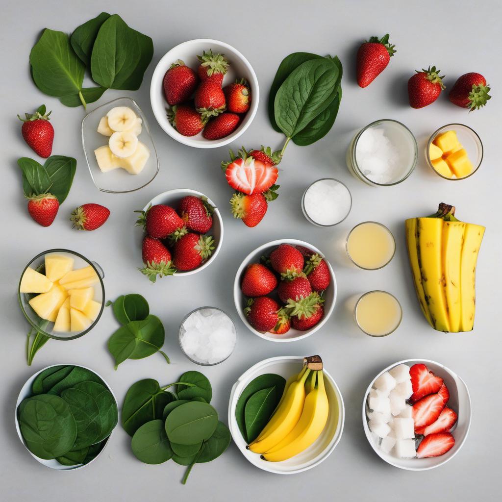 Items needed to answer the question, How do I create a colorful Rainbow Bamboo Straw Smoothie. Items include:  Strawberries  Banana  Pineapple Chunks  Mango Chunks  Spinach Leaves  Coconut Water  Ice Cubes