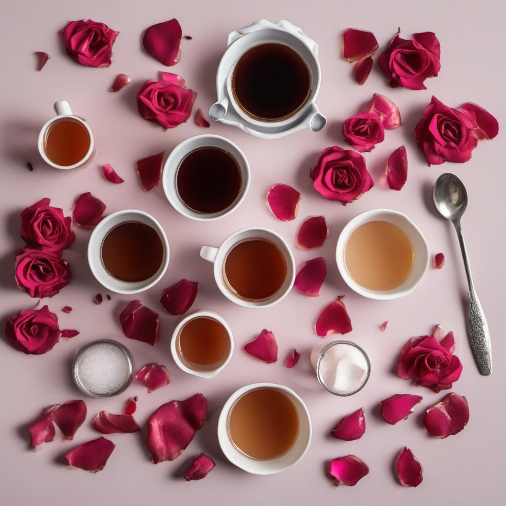 Items needed to answer the question, How do I whip up a refreshing iced Rose Latte. Items include:  Coffee  Water  Granulated sugar  Rose water  Milk  Ice cubes  Optional garnish (dried rose petals or extra rose syrup)