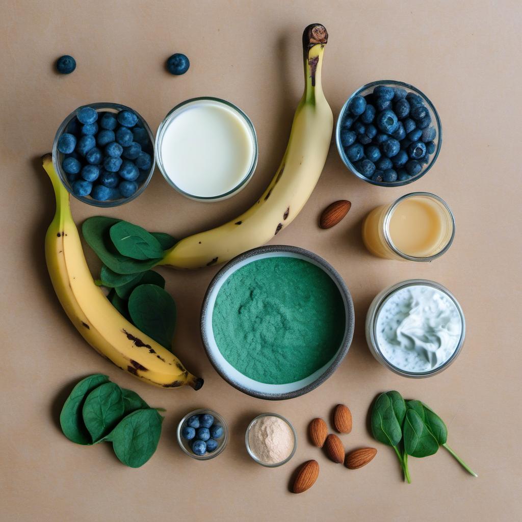 Items needed to answer the question, How do I create a visually stunning Blue Algae Smoothie bowl. Items include:  frozen banana  frozen blueberries  spinach  blue algae powder  almond milk  honey