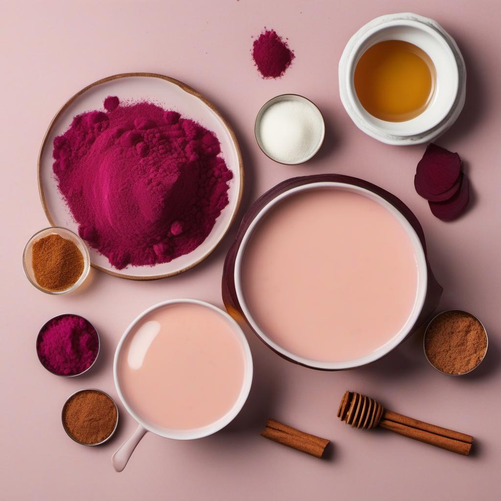Items needed to answer the question, How do I add a twist to my Pink Beet Latte. Items include:  Milk  Pink Beet Powder  Honey or Sweetener  Cinnamon