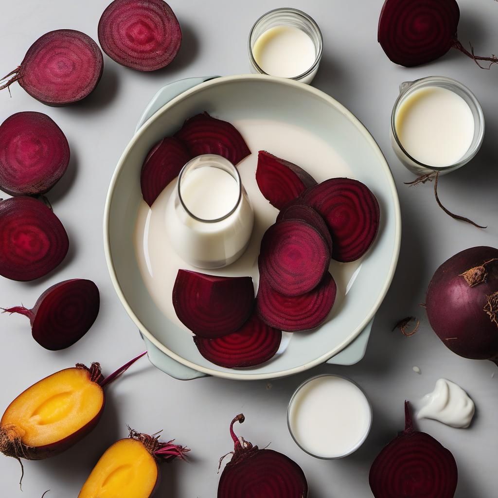 Items needed to answer the question, How do I impress my friends with a Pink Beet Latte. Items include:  Beets  Milk