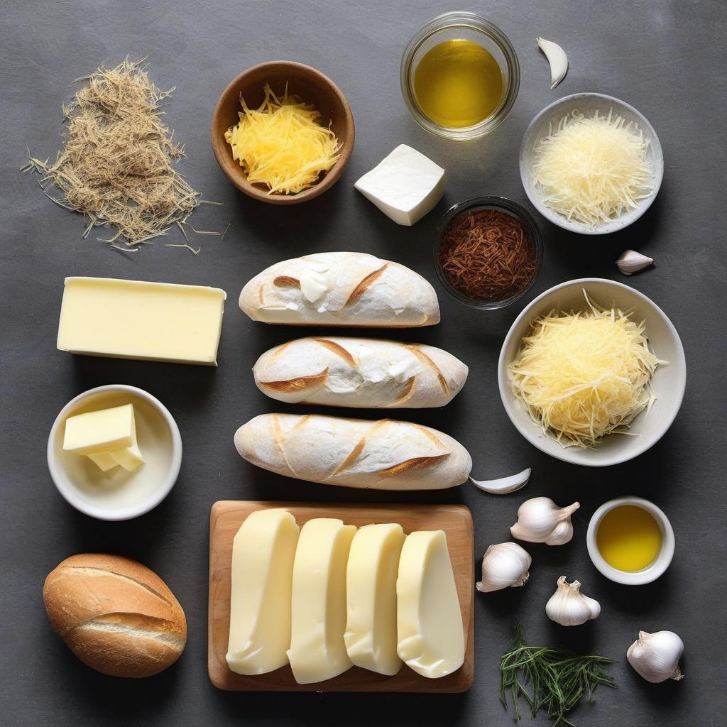 Items needed to answer the question, How do I bake a cheesy garlic bread. Items include:  Butter  Garlic cloves  French bread  Shredded mozzarella cheese
