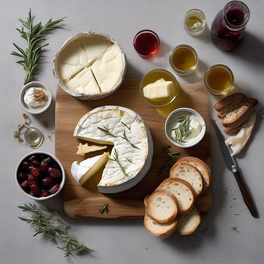 Items needed to answer the question, How do I serve Camembert Baked in Bread with style. Items include:  Camembert cheese  Crusty bread  Olive oil  Garlic cloves  Fresh rosemary sprigs  Additional toppings (fig jam, honey, cranberry sauce)