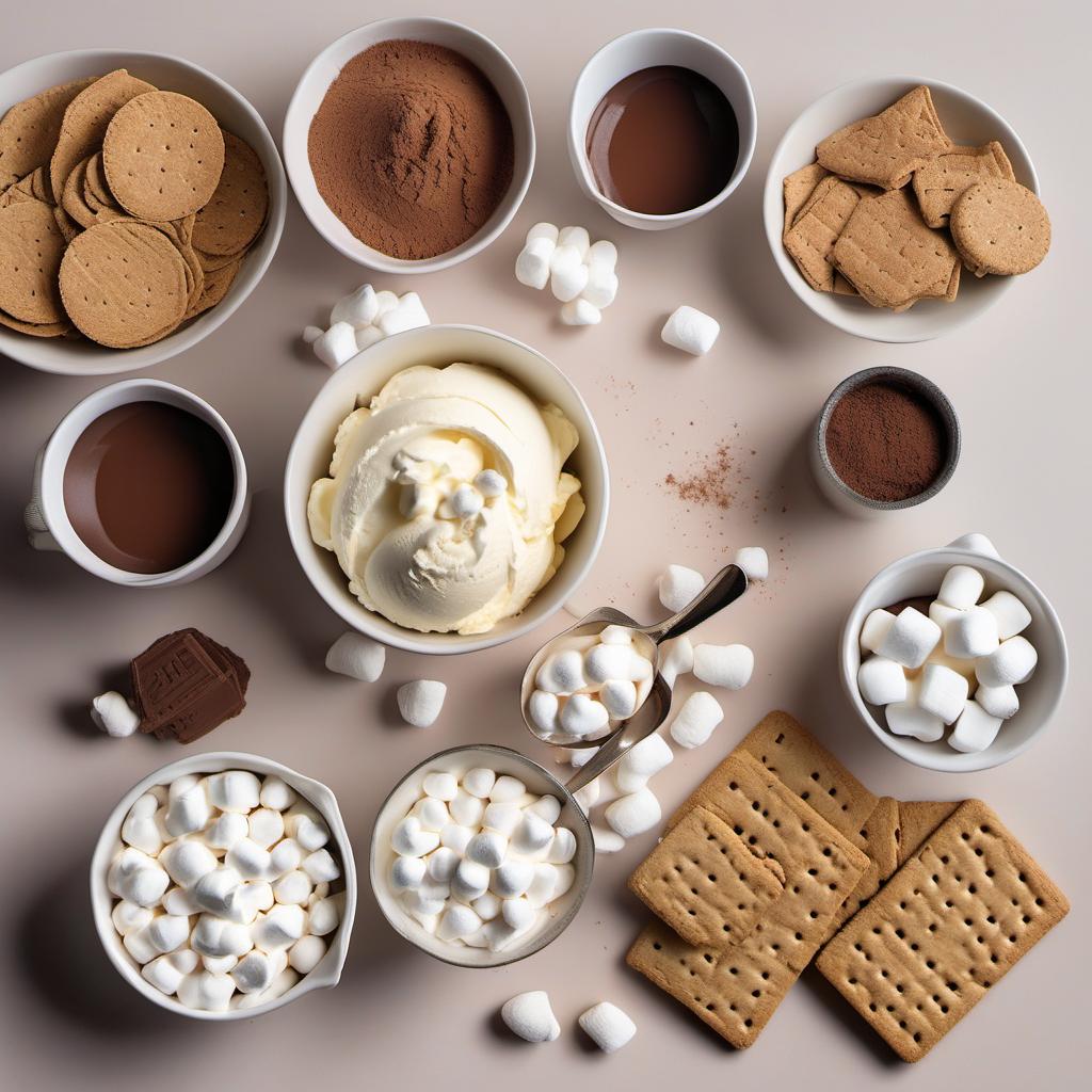 Items needed to answer the question, How do I make a Smores Milkshake. Items include:  Vanilla ice cream  Milk  Cocoa powder  Mini marshmallows  Graham crackers  Whipped cream