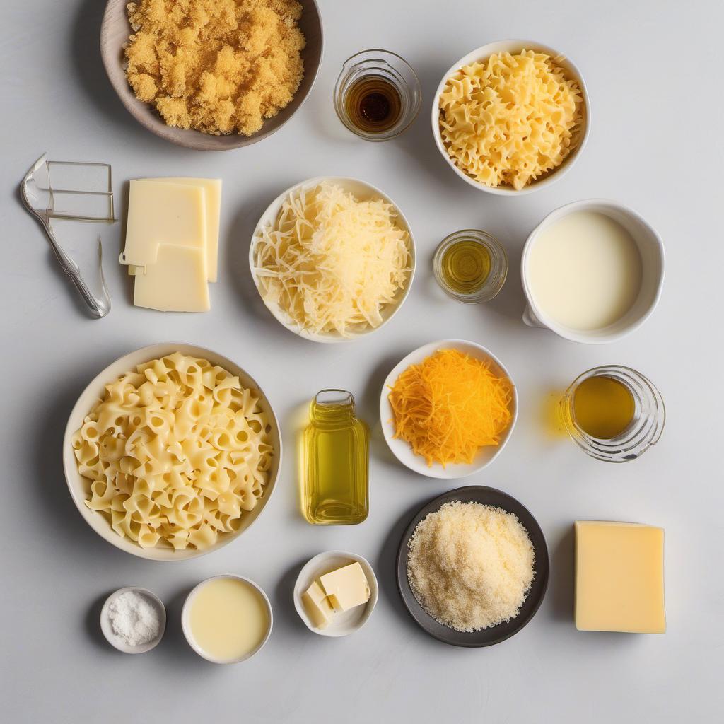 Items needed to answer the question, How do I create a twist on Truffle Mac n Cheese. Items include:  Macaroni noodles  Butter  All-purpose flour  Milk  Truffle oil  Cheese (cheddar, Gruyère, or a combination)  Breadcrumbs