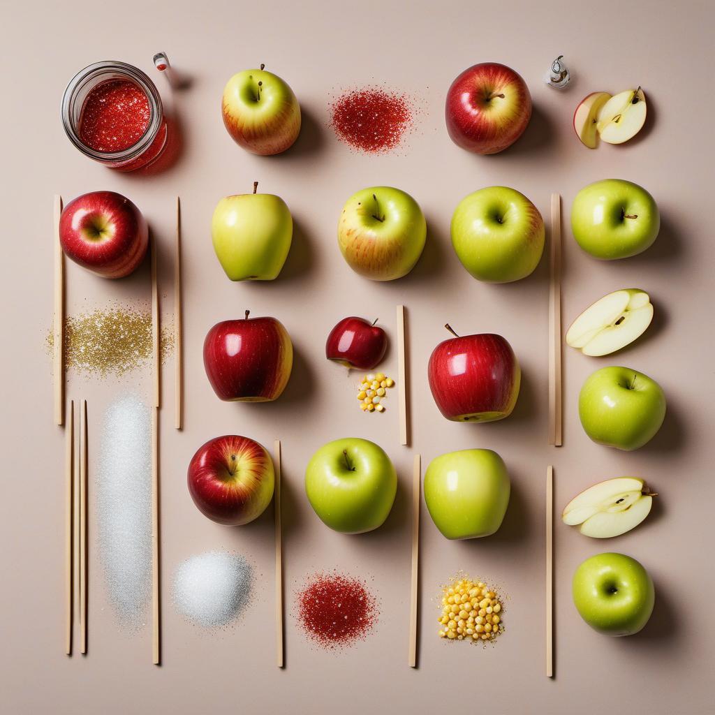 Items needed to answer the question, How do I jazz up my Candy Apples with Edible Glitter. Items include:  Apples  Sugar  Water  Corn Syrup  Wooden Skewers  Edible Glitter