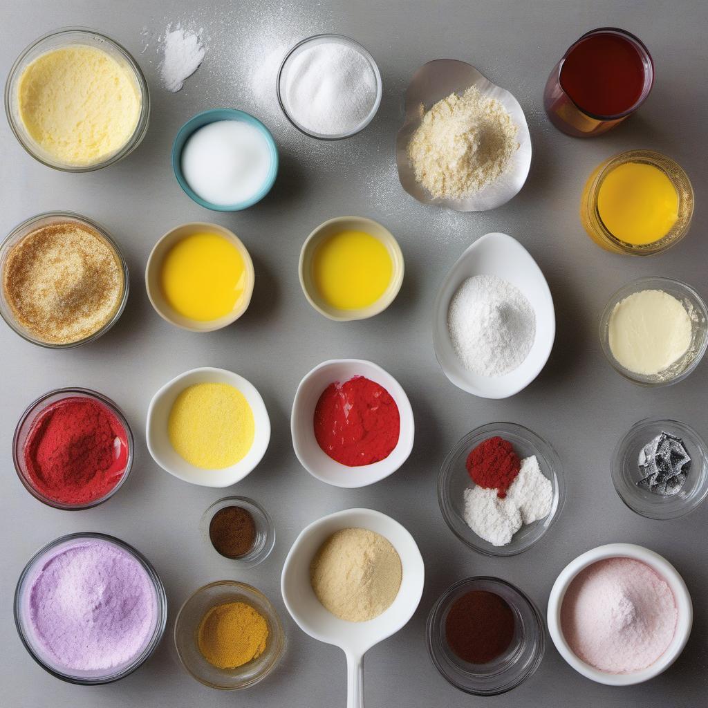 Items needed to answer the question, How do I make unicorn-inspired Shimmering Donuts. Items include:  Powdered sugar  Milk  Vanilla extract  Food coloring  Flour  Sugar  Baking powder  Salt  Melted butter  Eggs  Vegetable oil  Edible glitter or rainbow colored sugar