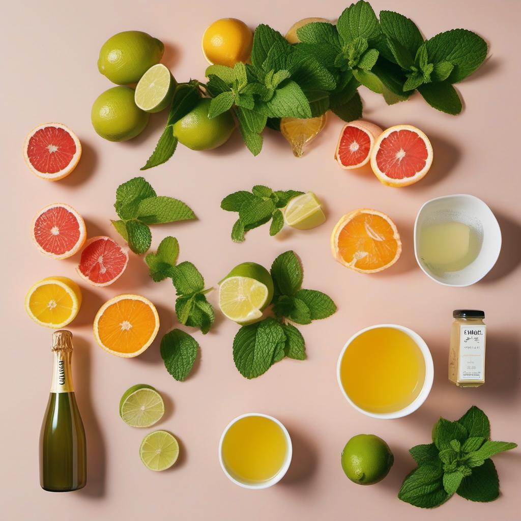 Items needed to answer the question, How do I make Sparkling Mimosas with a Twist. Items include:  Champagne  Orange juice  Grapefruit juice  Lime juice  Lemon juice  Simple syrup  Fresh mint leaves