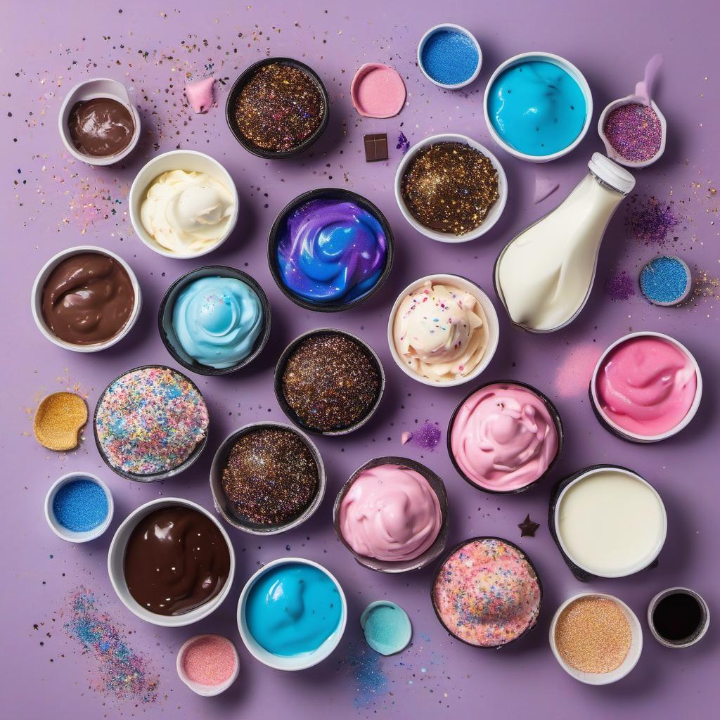 Items needed to answer the question, How do I make Cosmic Galaxy Ice Cream Rolls that are out of this world. Items include:  liquid cream or ice cream base  food coloring (blues, purples, pinks, blacks)  milk or cream  galaxy-inspired sprinkles  edible stars  chocolate sauce