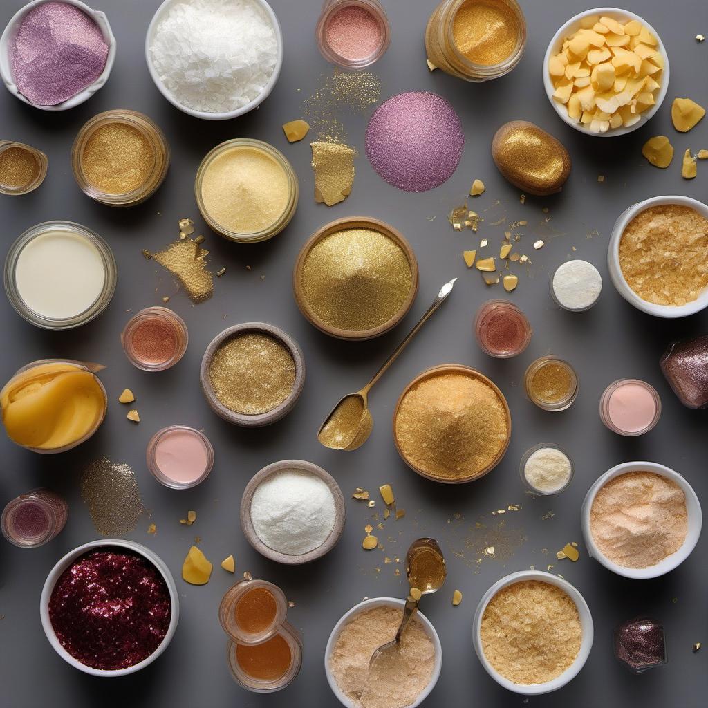 Items needed to answer the question, How do I add shimmer to a Galaxy Mirror Glaze Cake. Items include:  Edible Shimmer