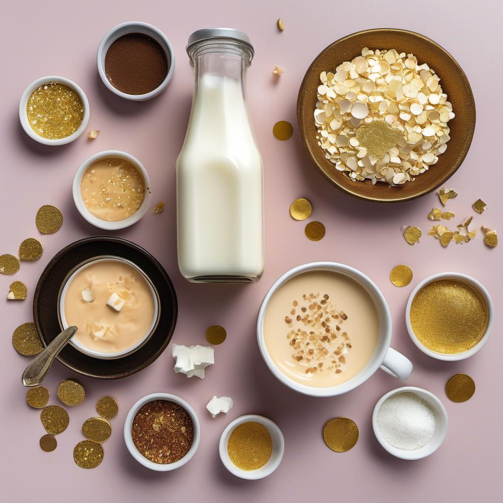 Items needed to answer the question, How do I make a Starry Night Latte. Items include:  Milk  Vanilla Extract  Sugar  White Chocolate Chips  Espresso or Coffee  Edible Glitter or Edible Gold Flakes