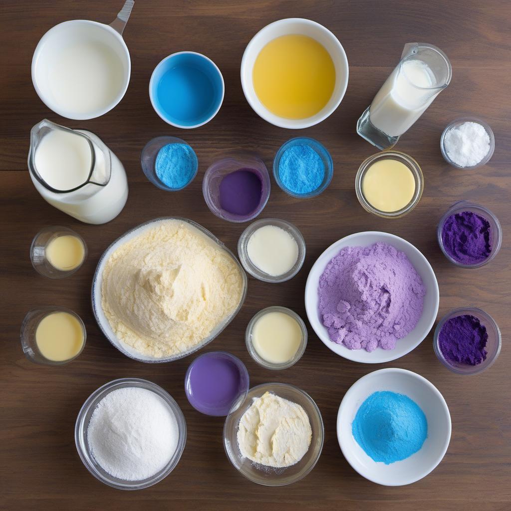 Items needed to answer the question, How do I add a galactic twist to classic cupcakes. Items include:  all-purpose flour  granulated sugar  milk  melted butter  vanilla extract  blue food coloring  purple food coloring  softened butter  powdered sugar  milk for frosting  neon food coloring  edible stardust or silver glitter