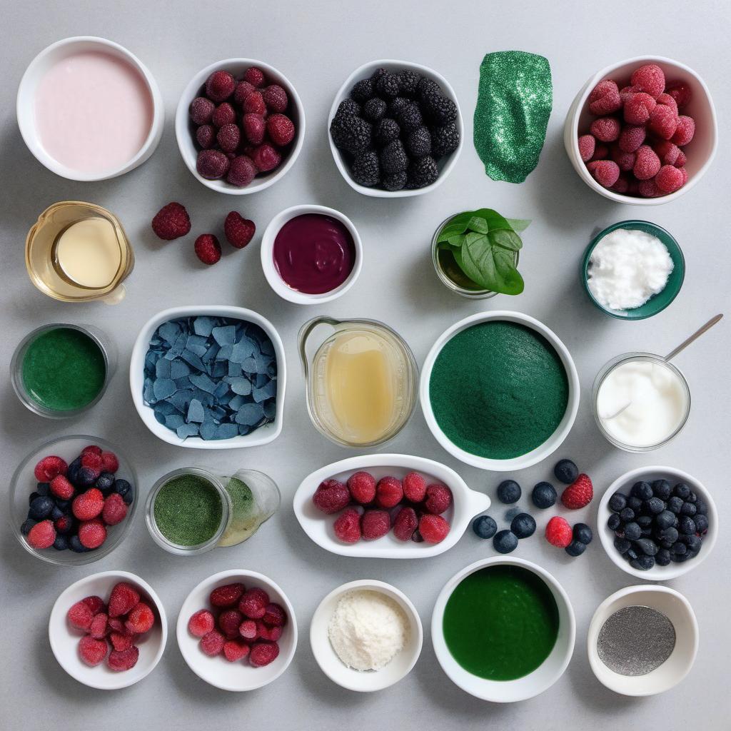 Items needed to answer the question, How do I make a Galaxy Smoothie Bowl. Items include:  2 cups of frozen mixed berries  1 frozen banana  1 cup of coconut water  1 tablespoon of spirulina powder  a handful of spinach leaves  1 cup of Greek yogurt  1 tablespoon of honey  a dash of edible glitter