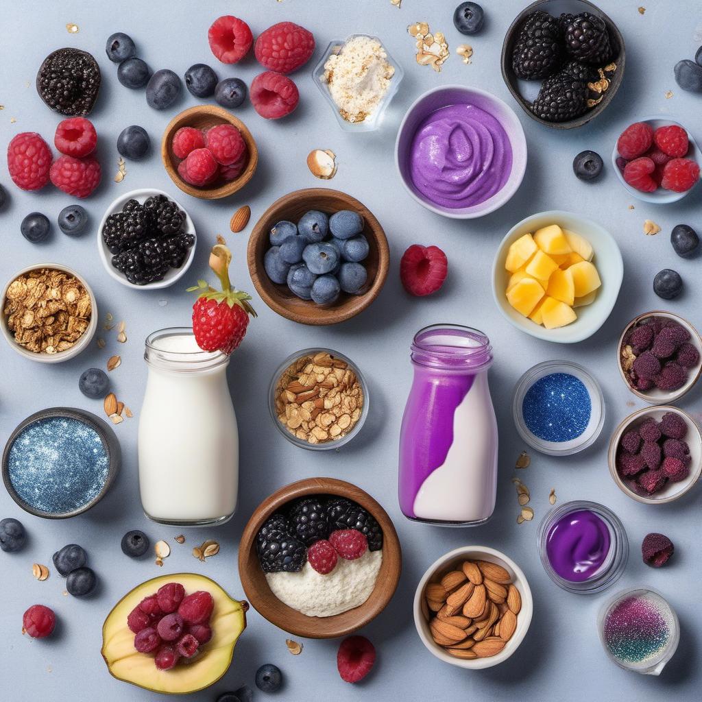 Items needed to answer the question, How do I create a magical Galaxy Smoothie Bowl. Items include:  Frozen Banana  Frozen Berries  Greek Yogurt  Almond Milk  Stardust  Blue Food Coloring  Purple Food Coloring  Granola  Edible Glitter  Fresh Fruit