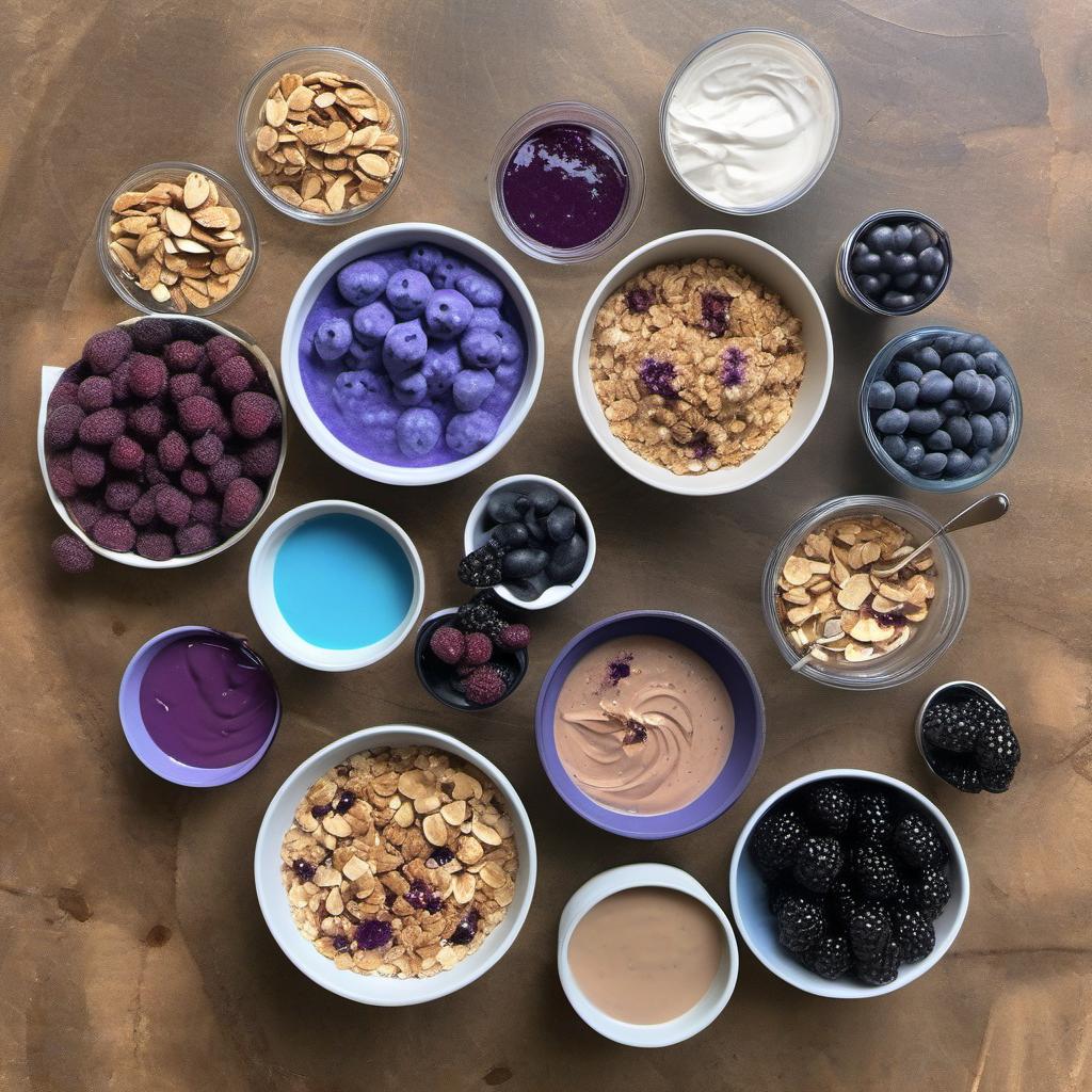 Items needed to answer the question, How do I make a galaxy-inspired smoothie bowl. Items include:  Banana  Blueberries  Blackberries  Almond milk  Almond butter  Purple food coloring  Blue food coloring  Star-shaped glitter  Shredded coconut  Granola