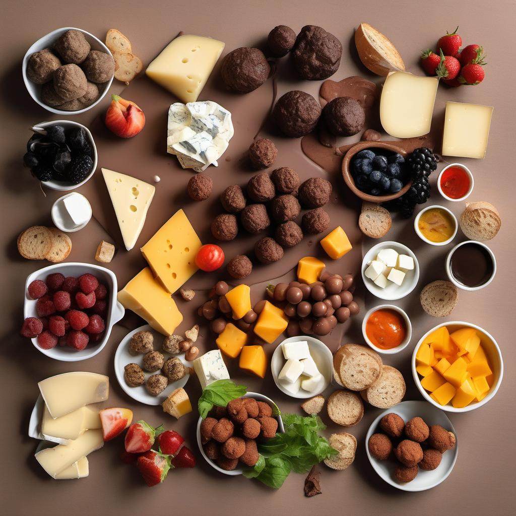 Items needed to answer the question, How do I create a Galaxy Fondue buffet. Items include:  Cheeses  Black food coloring  Crusty bread  Assorted vegetables and fruits  Mini meatballs or sausages  Chocolate  Assorted fruits and marshmallows