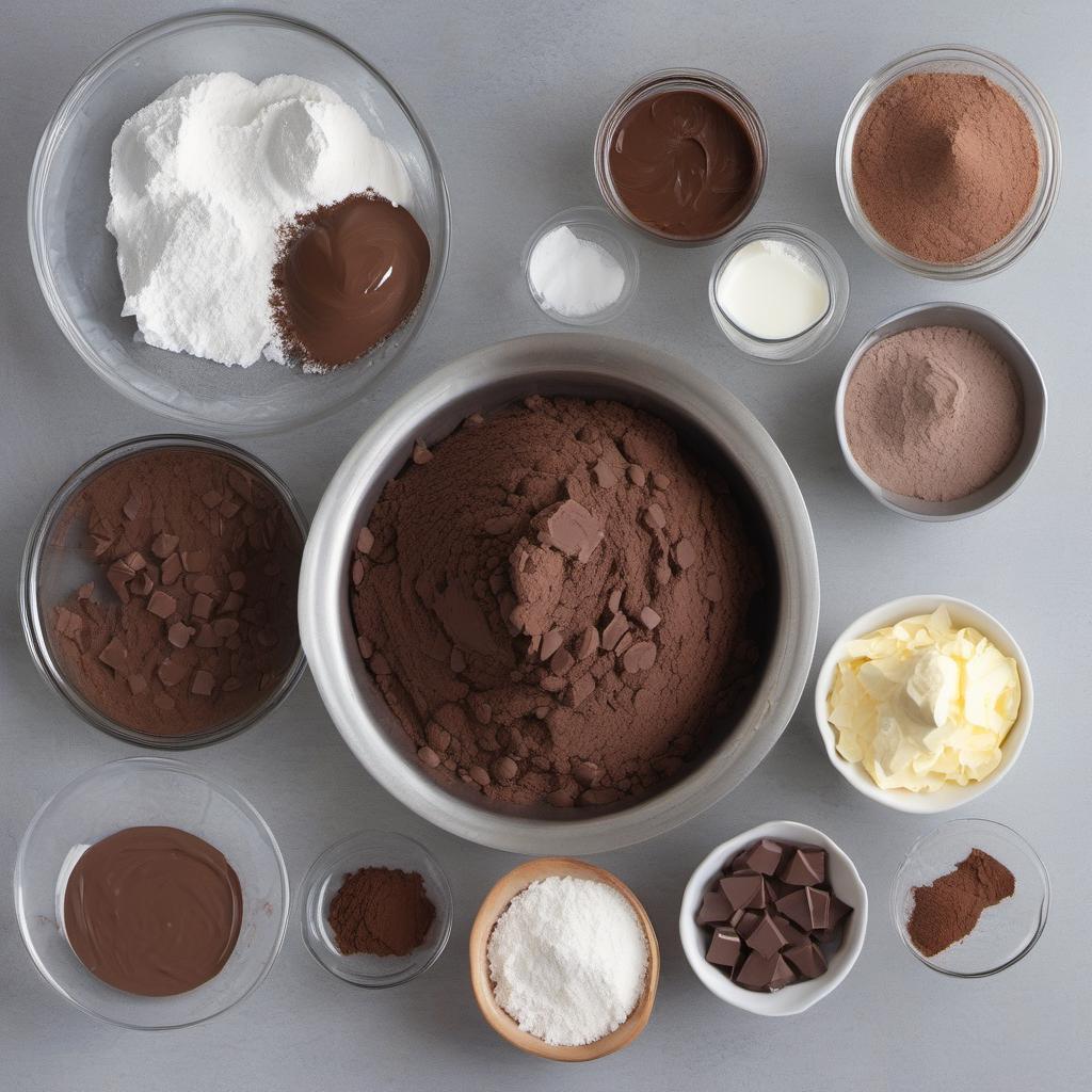 Items needed to answer the question, How do I make Galaxy Fondue cupcakes. Items include:  All-purpose flour  Granulated sugar  Unsweetened cocoa powder  Baking powder  Salt  Butter (melted)  Milk  Eggs (large)  Vanilla extract  Dark chocolate chips  Heavy cream