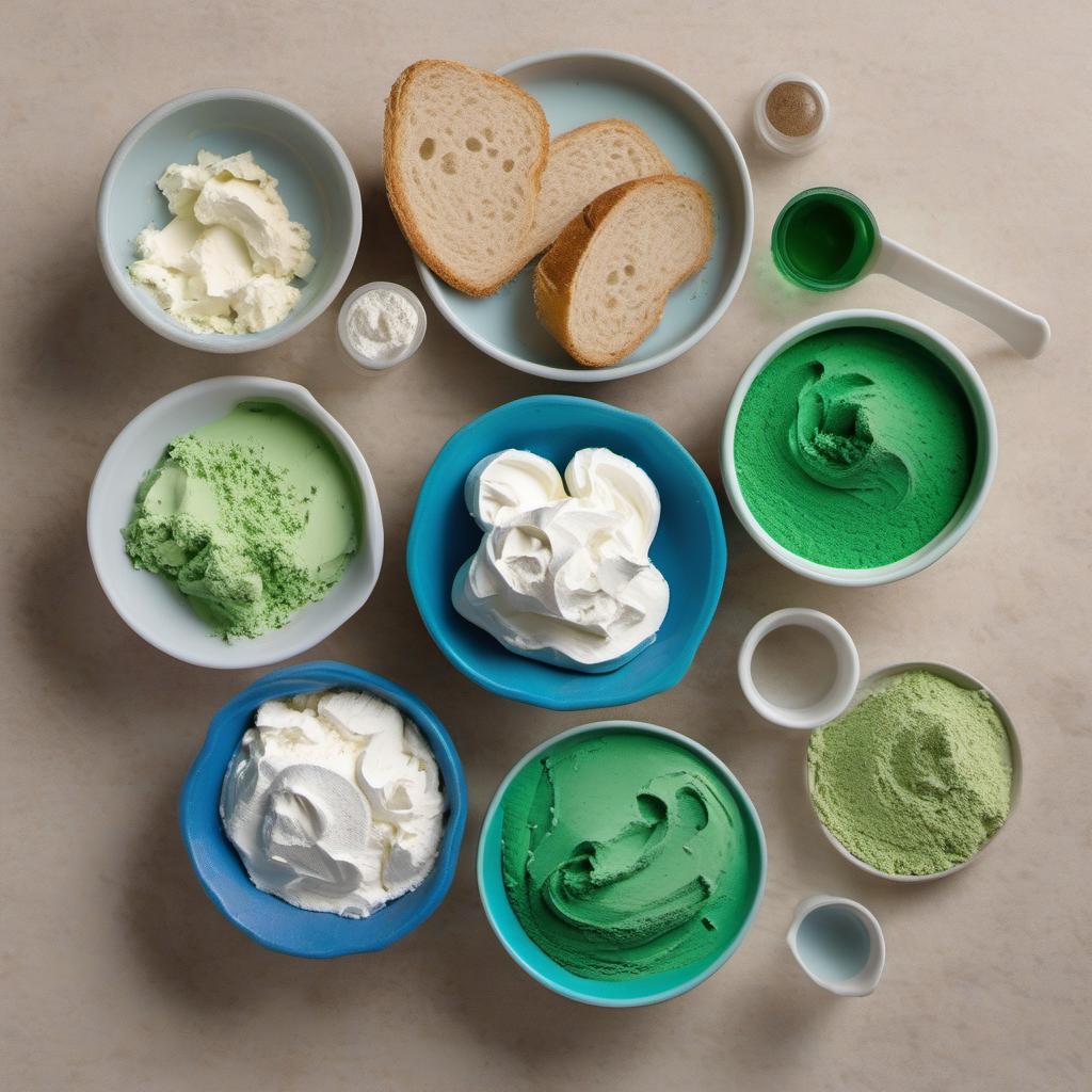 Items needed to answer the question, How do I make Mermaid Toast with Sea-colored Cream Cheese. Items include:  Cream Cheese  Edible Blue or Green Food Coloring Powder  Bread  Sea-Themed Toppings