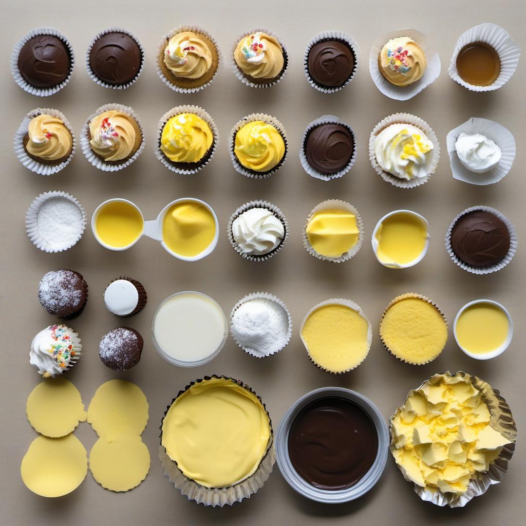 Items needed to answer the question, How do I decorate Summer Sunflower Cupcakes. Items include:  Cupcake liners  Unsalted butter  Powdered sugar  Vanilla extract  Salt  Yellow food coloring  Brown or black food coloring  Milk or cream