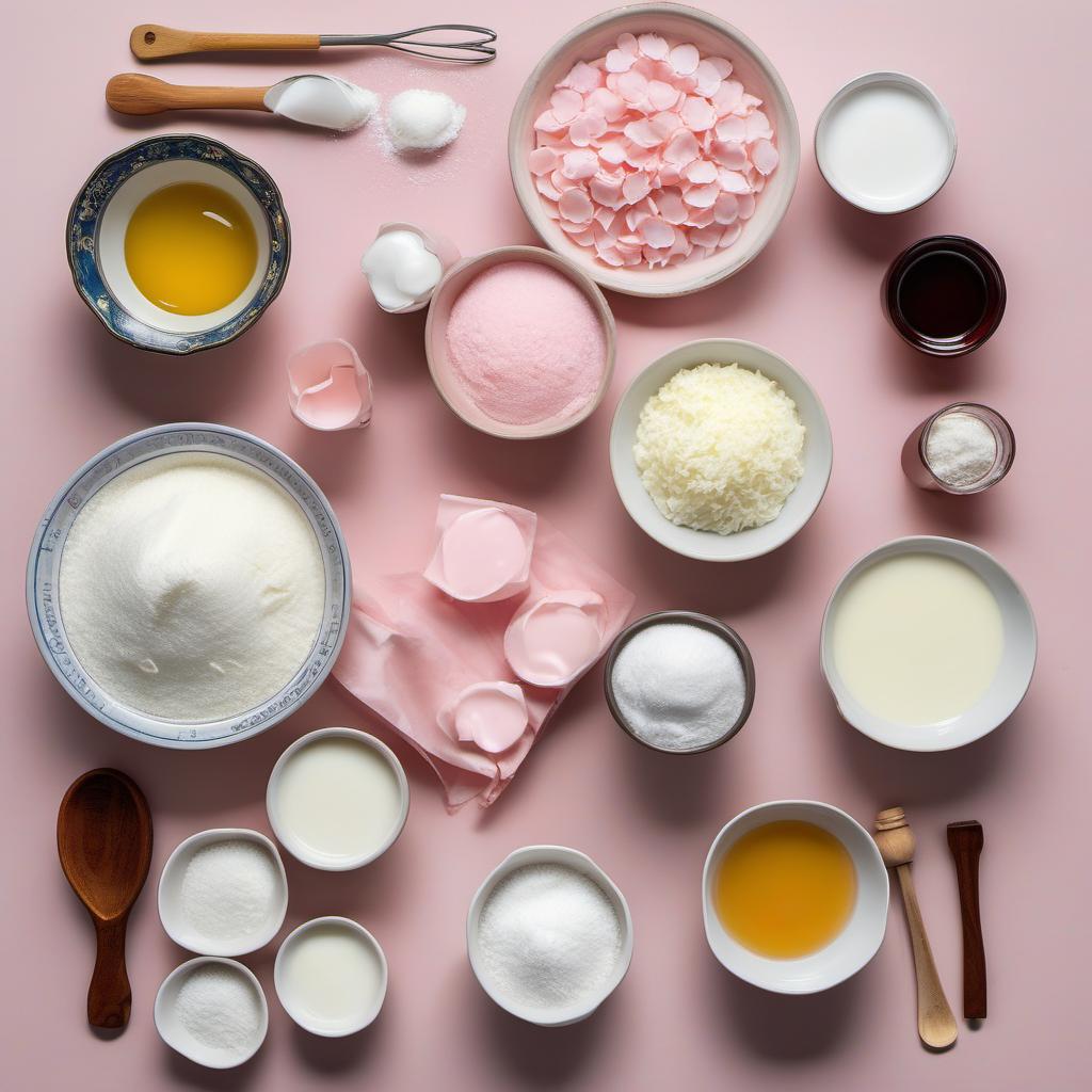 Items needed to answer the question, How do I create Cherry Blossom Mochi Ice Cream. Items include:  Milk  Sugar  Cherry Blossom Extract  Heavy Cream  Condensed Milk  Vanilla Extract  Potato Starch or Cornstarch  Mochi Sheets or Glutinous Rice Flour