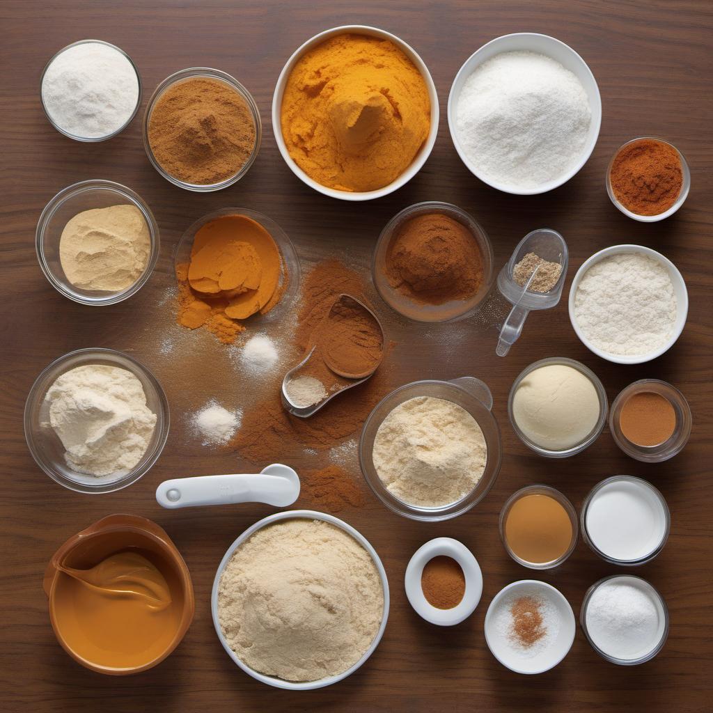 Items needed to answer the question, How do I bake a Pumpkin Spice Bread. Items include:  all-purpose flour  baking powder  baking soda  ground cinnamon  ground nutmeg  ground cloves  salt  canned pumpkin puree  vegetable oil  white granulated sugar  packed brown sugar  large eggs  vanilla extract