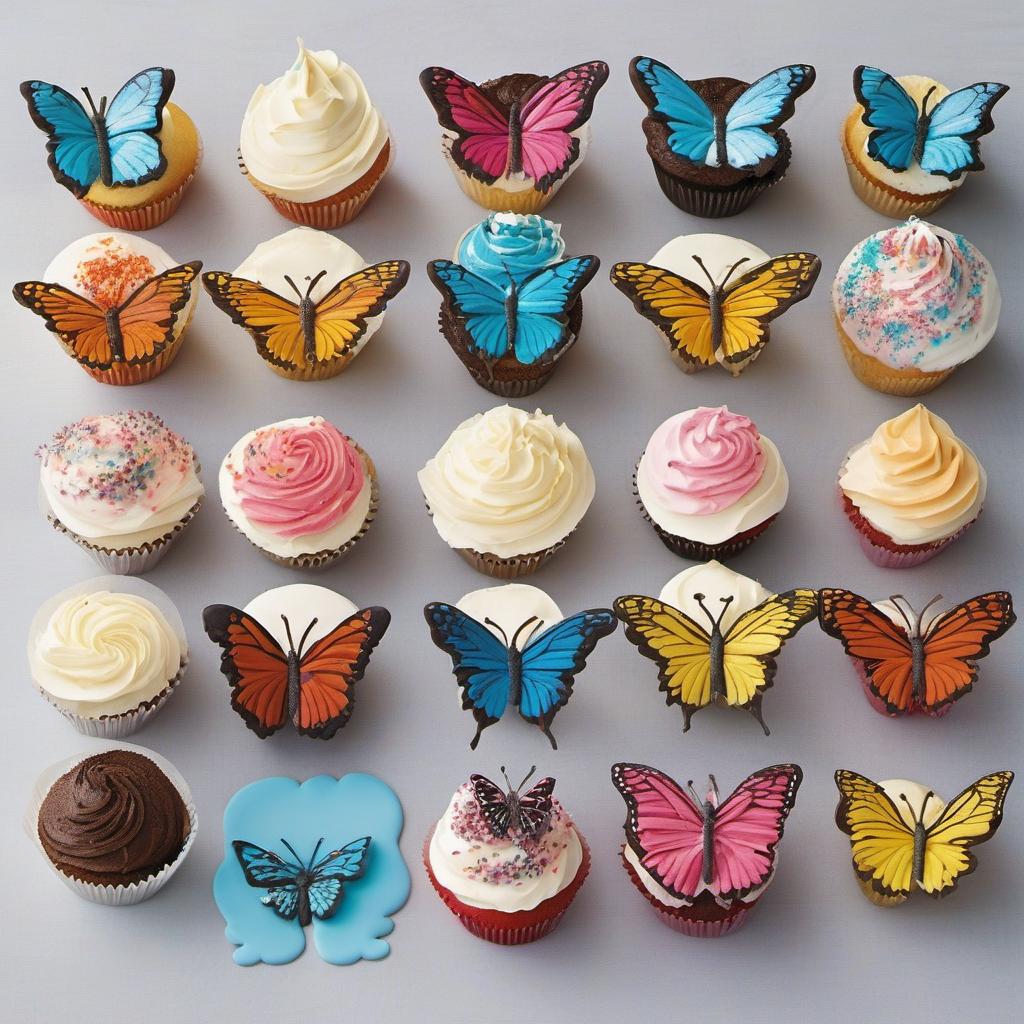 Items needed to answer the question, How do I customize Spring Butterfly Cakes. Items include:  Cupcakes  Butterfly-shaped cookie cutter  Frosting  Food coloring  Extract  Piping bag or ziplock bag  Edible glitter or sprinkles