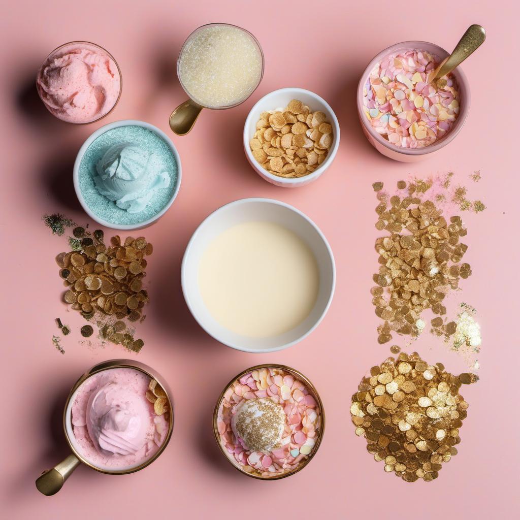 Items needed to answer the question, How do I make Edible Glitter Cereal Milkshakes. Items include:  Cereal  Vanilla Ice Cream  Milk  Edible Glitter