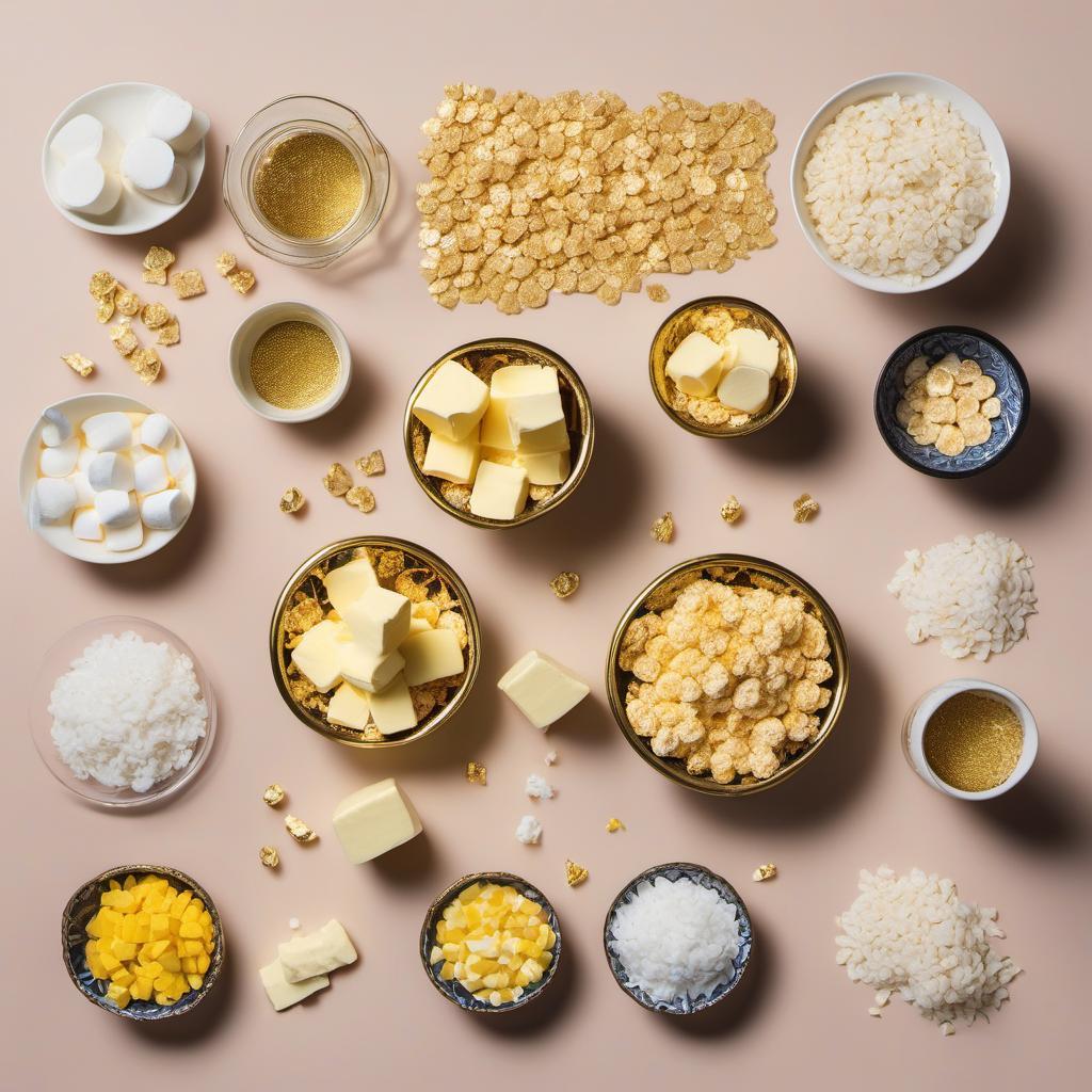 Items needed to answer the question, How do I upgrade my Rice Krispie Treats with edible gold. Items include:  Butter  Marshmallows  Rice Krispies  Edible Gold